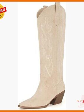 Knee High Cowboy Boots Pointed Toe Block Heel Embroidered Western Boots